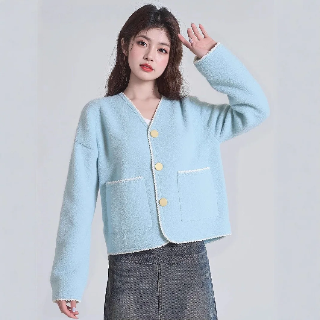 

Korean Version of Xiaoxiangfeng Imitation Mink Fur Knitted Cardigan 20025 Autumn New Item Candy Colored Sweater Short Jacket