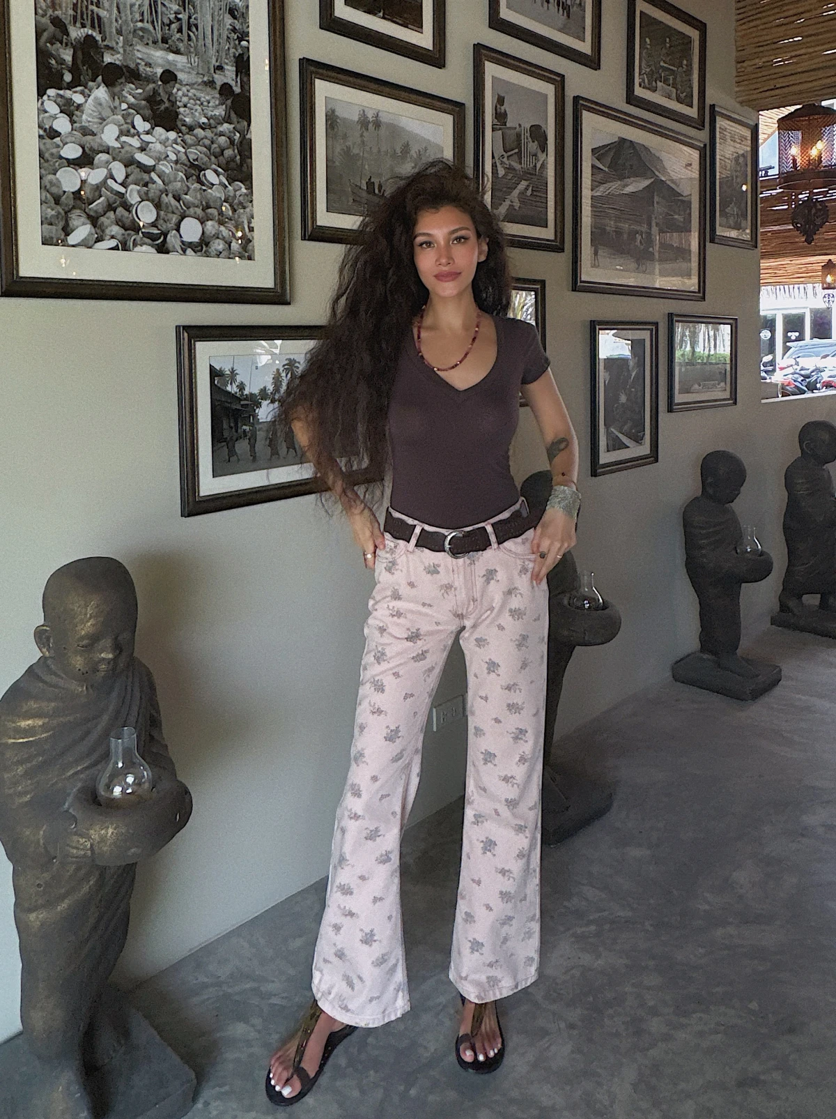 

DuanStyle French Style Floral Print Low Waist Slimming Wide Leg Jeans Pink Casual Cotton Trousers for Women