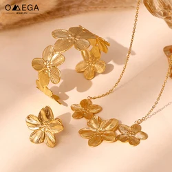 Dames bloem hanger ketting armbanden ring sieraden set vergulde roestvrijstalen kettingen manchet armband ringen voor vrouwen