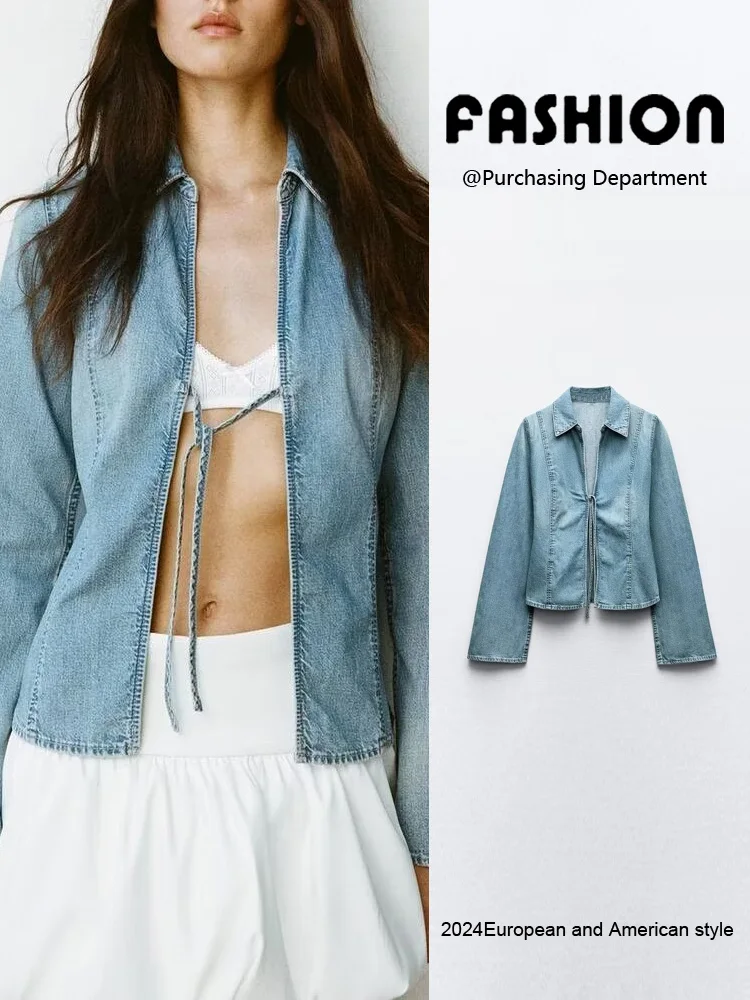 

Новое поступление лета Slim Fit, женское длинное джинсовое пальто с воротником све и галстуком-бабочкой, удобное пальто для поездок на работу