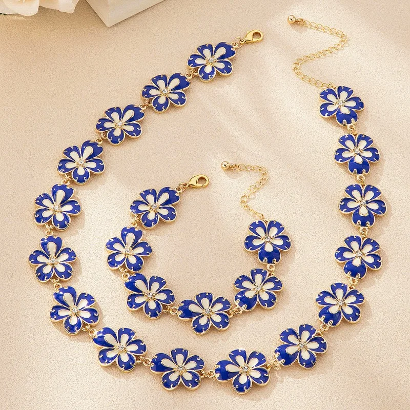 

European Court Vintage Blue Flower Enamel Jewelry Set Floral Pattern Necklace Bracelet Retro Elegant Women Trendy Gift