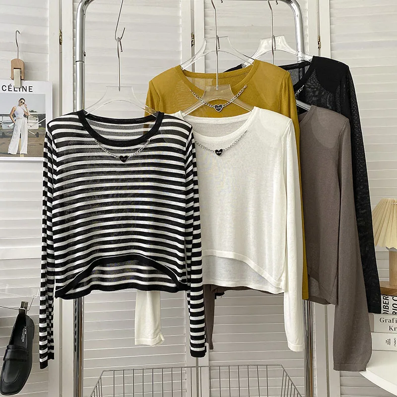 Stripe Knit Top Chain Decoration O-Neck Ice Silk Long Sleeve Sweater  For Women's Autumn 2023 New Korean All-Match  Knit Shirt