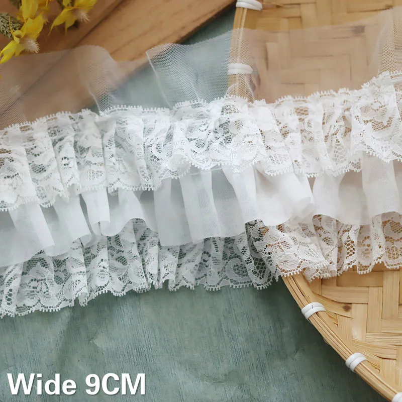 9CM Wide Three Layers White Black Pink 3D Flowers Pleated Chiffon Fabric Guipure Lace Fringe Trim Dresses DIY Sewing Supplies