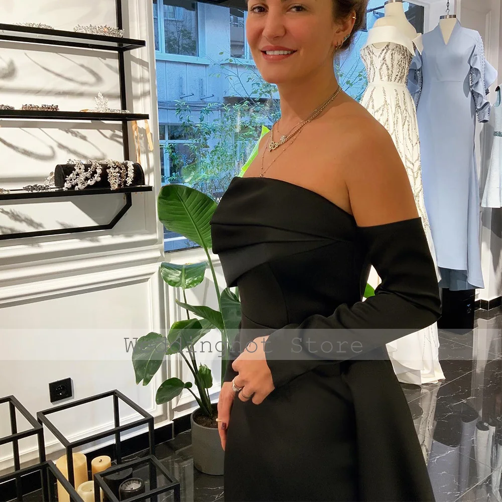 Zwart satijnen galajurk uit de schouder strapless kolom dames avondjurken maxi zij gedrapeerde enkellange formele feestjurk