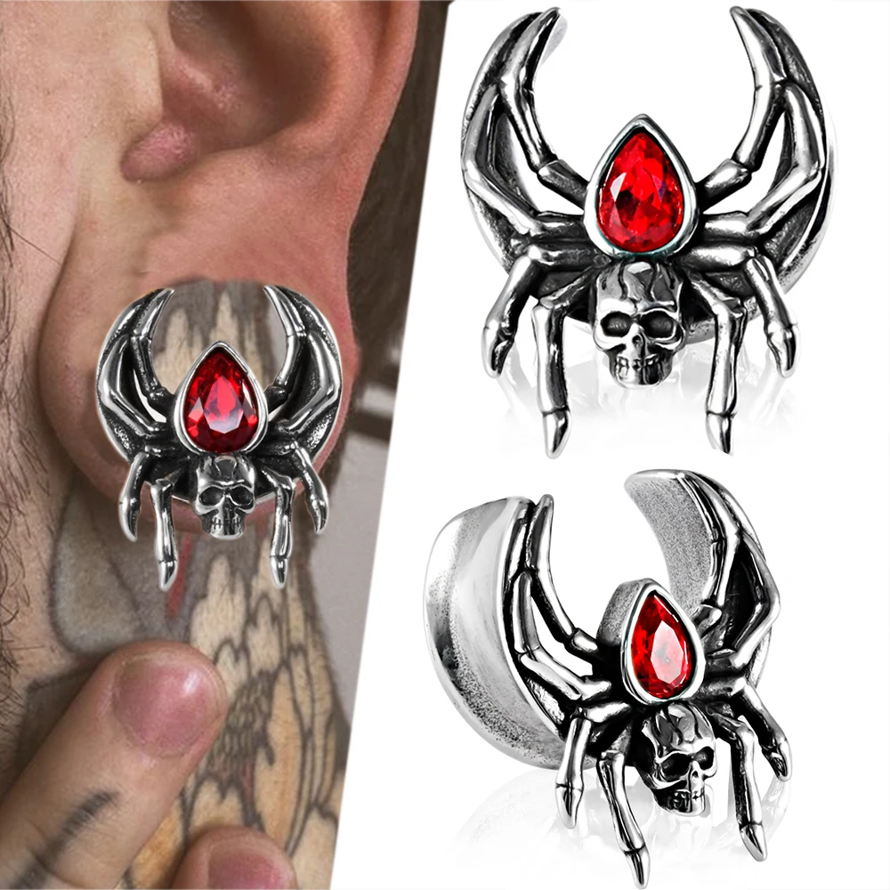 2-1PCS U Shape Spider Inlaid Red Waterdrop Zircon Ear Tunnel Surgical Steel Flared Piercing Strecher Expansion Saddle Gauge Plug