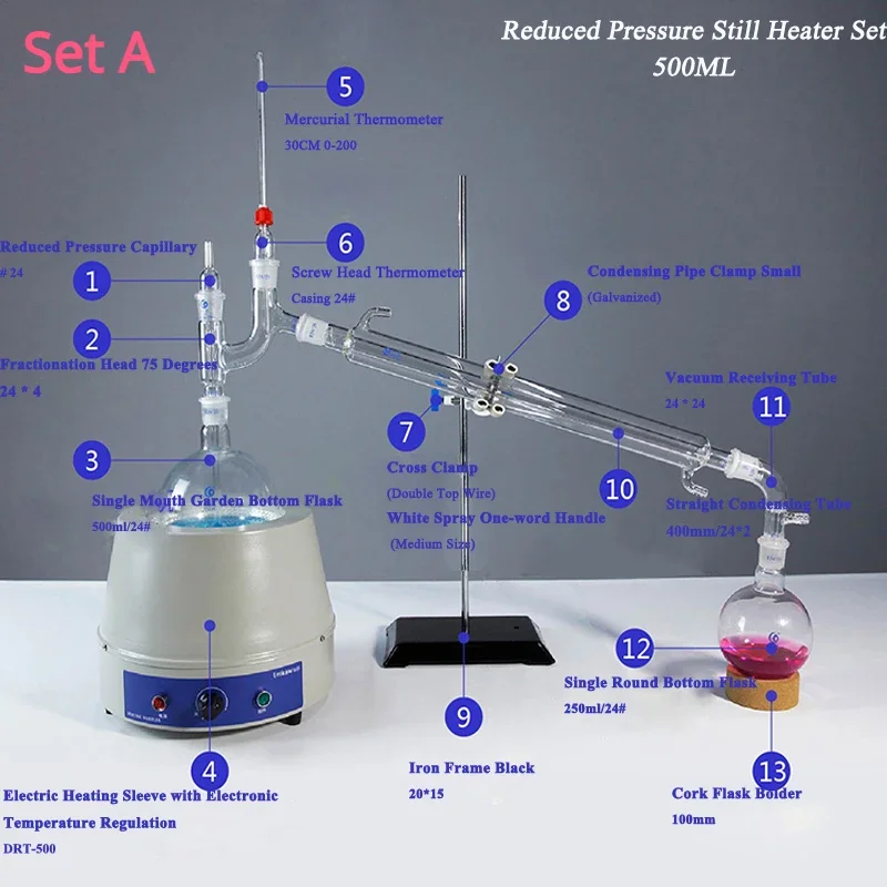 

Lab Decompression Distillation Unit 500ml/1000ml Set Atmospheric Distillation Apparatus Kits Glass Flasks