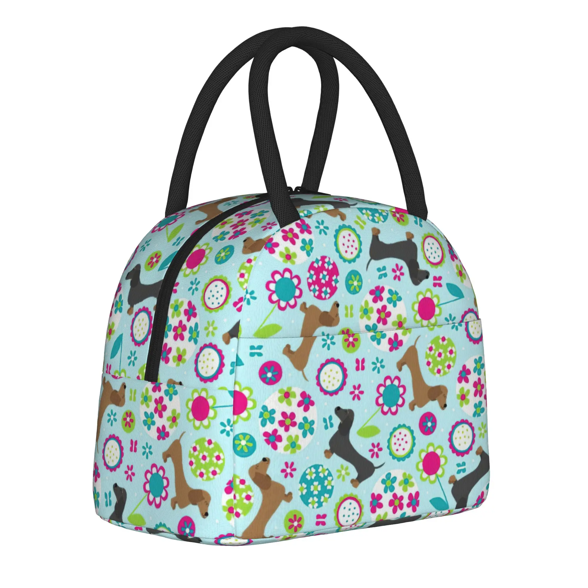 Dachshund Garden Party Dog Insulated Lunch Bag Portable Animal Lunch Container Cooler Bag Tote Lunch Box Food Storage Bag