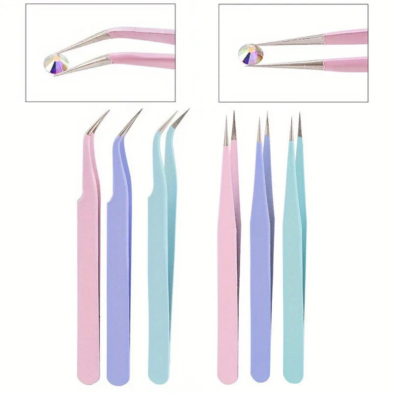 2Pcs/Set of Manicure Stainless Steel Elbow Tweezers Handbook Clip Picking Hair Nail Art Grafting Eyelashes Straight Head Tweezer