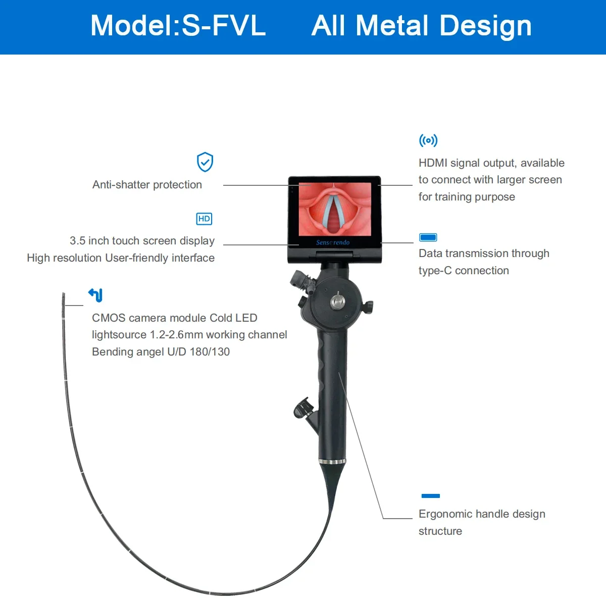 3.5 Inch Touchscreen Display 2.8mm / 3.8mm / 5.2mm length Flexible Video Laryngoscope for Intubation Diagnose Suction Biopsy