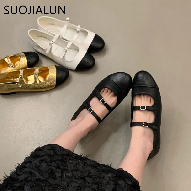 SUOJIALUN New Brand Women Flat Shoes Fashion Mix Color Ladies Elegant Gold Ballet Shoes Round Toe Shallow Dress Mary Jane Shoes