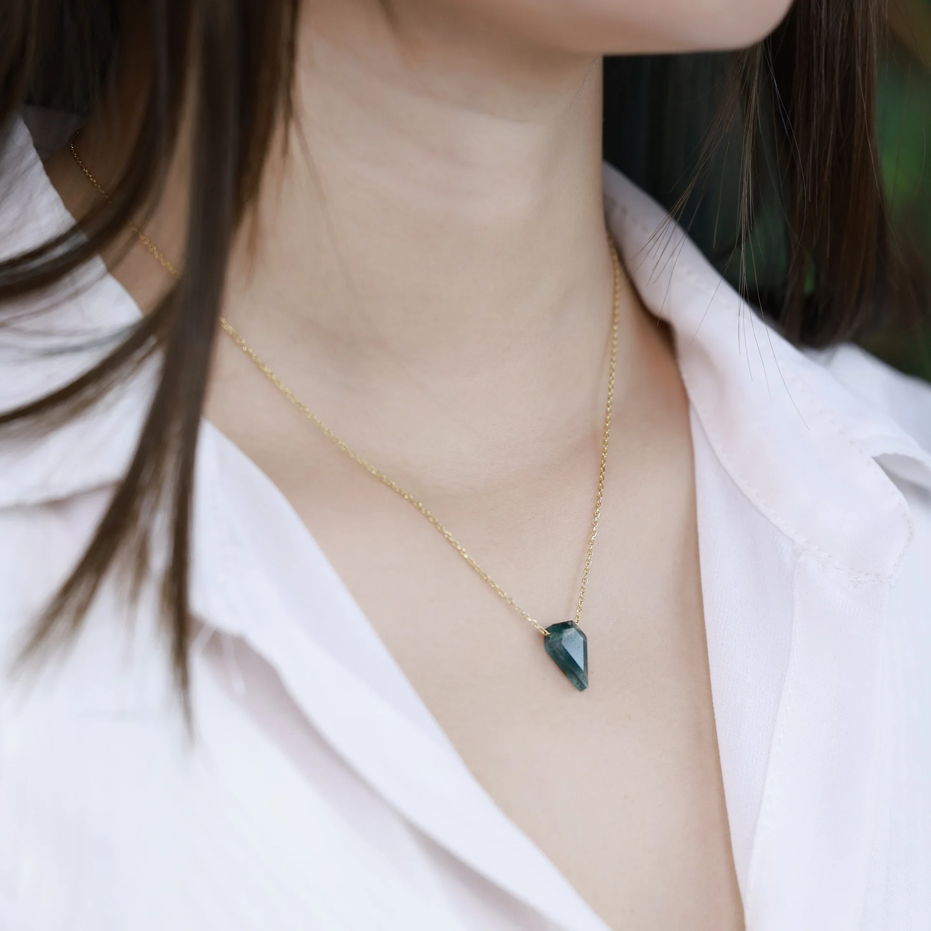 New S925 pure silver personalized geometric green moss stone inlaid with water grass agate necklace wedding jewelry - view 2