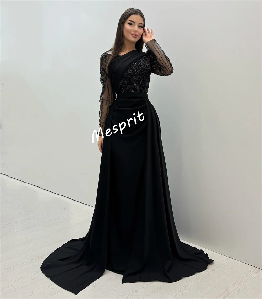 Customized Jersey Pleat Beading A-line Black Long Dresses Bespoke Occasion Women Luxury Evening Exquisite Party Gown