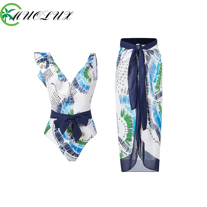 MUOLUX 2024 Sexy One Piece Swimsuit Women Swimwear Cover Up Skirt Print Ruffle Monikini Swimming Suit Bathing Suit New