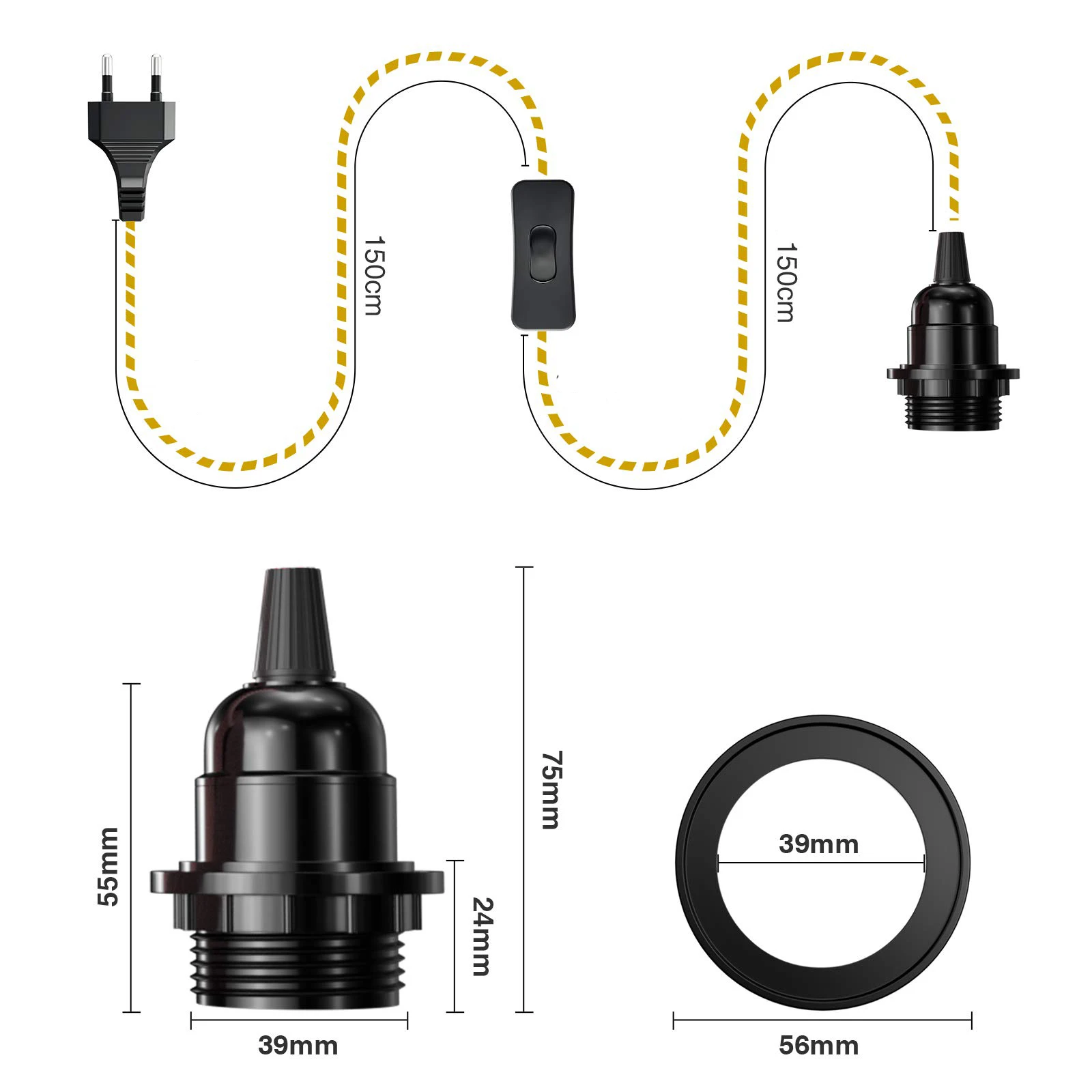 ชุด kabel lampu เชือกห้อยป่านสไตล์วินเทจ3M 2เมตรโคมไฟ E27 steker saklar แบบยุโรปที่แขวนแบบเรียบง่ายสำหรับตกแต่งโคมไฟ