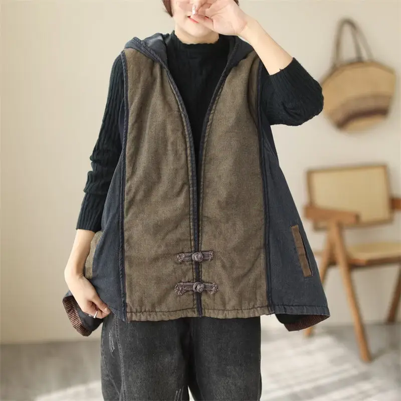 

Winter Vintage Cotton Linen Splice Washed Denim Jacket Hooded Sleeveless Vest Women's Loose Panbuckle Shirt Waistcoat Tops T1133