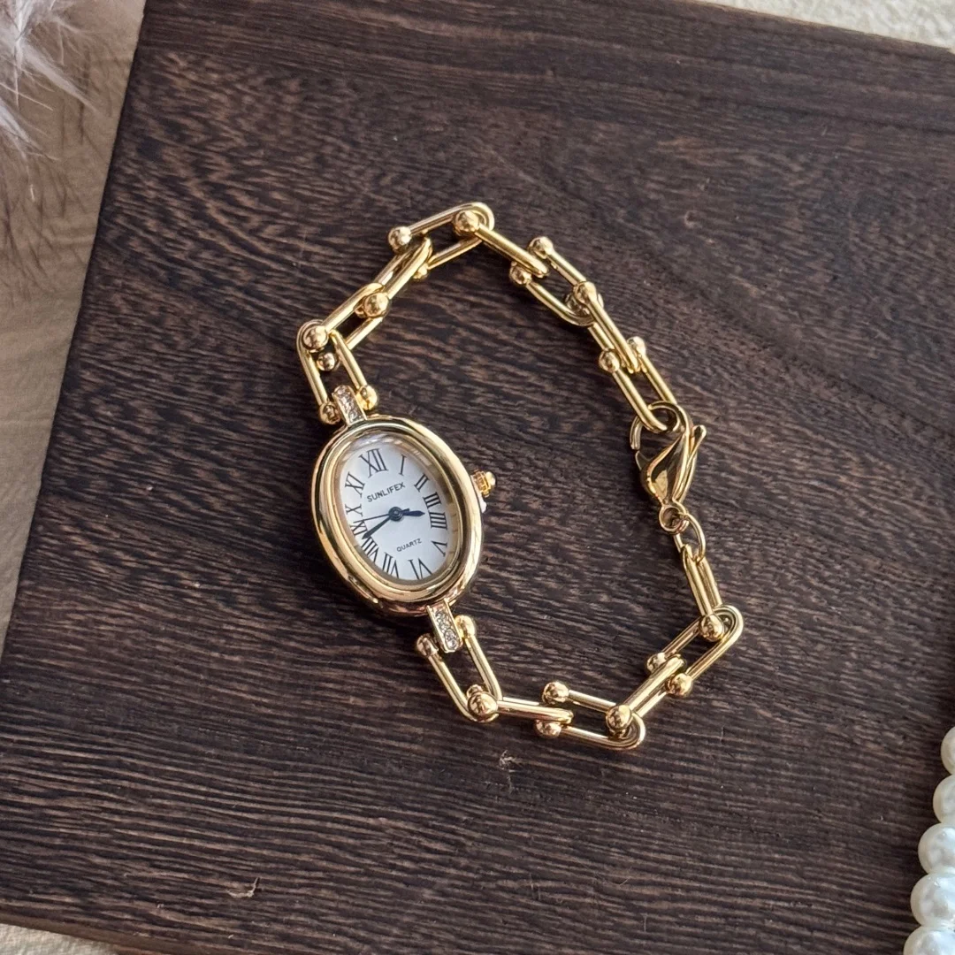 

SUNLIFEX винтажные женские часы с цепочкой, элегантный стальной ремешок, тонкий браслет, женские кварцевые часы, овальный циферблат, золотые наручные часы, подарок
