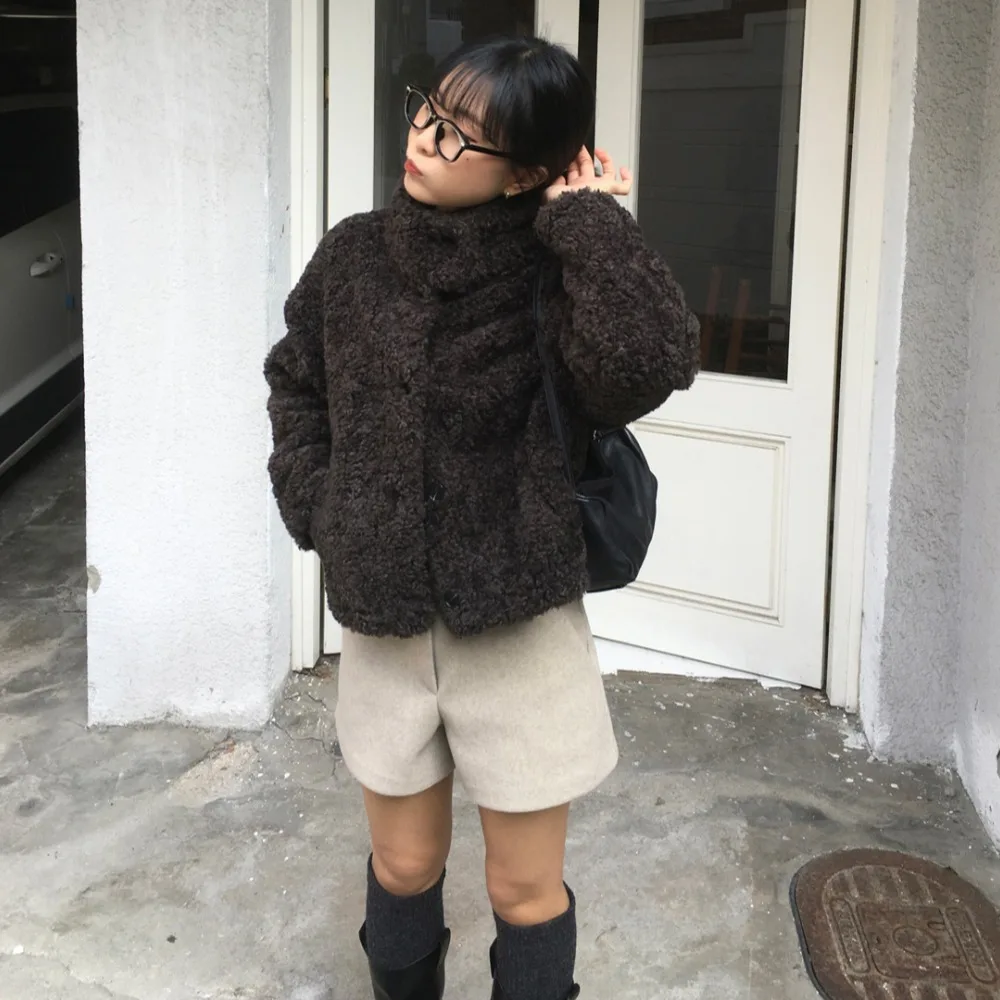 

Korean Sle ort Lamb Fur Jaet Women's Warm Stand Collar Coat Faionable College Wind for Winter Small Stature Trendy Top