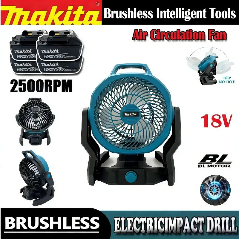 

Аккумуляторный вентилятор Makita 270 ° Регулируемый вентилятор для палаток и кемпинга, беспроводной, 18В, портативный.