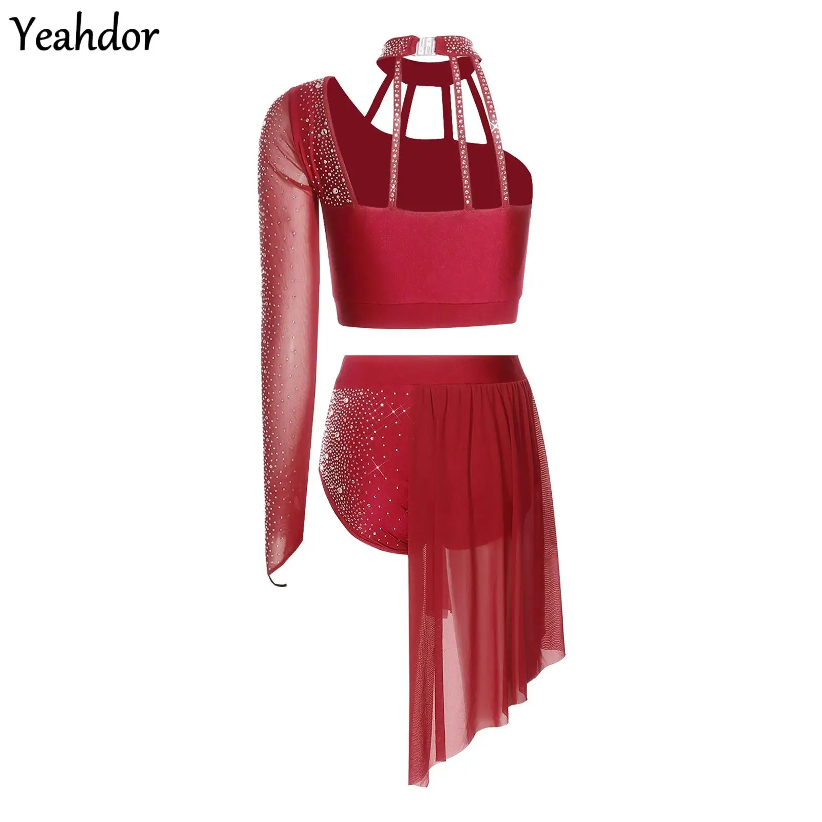 

Women Latin Dance Asymmetrical Outfit Halter One Sleeve Stappy Back Crop Top Shorts Rhinestone Mesh Gymnastic Ballet Lyrical Set