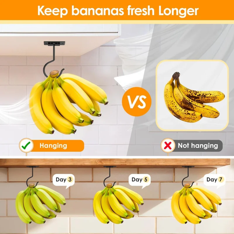 1-2PCS Self-adhesive Banana Hook, Foldable Banana Hanger Under Cabinet, Black Metal Banana Hook Under Counter, Can Keep the Bana image 4