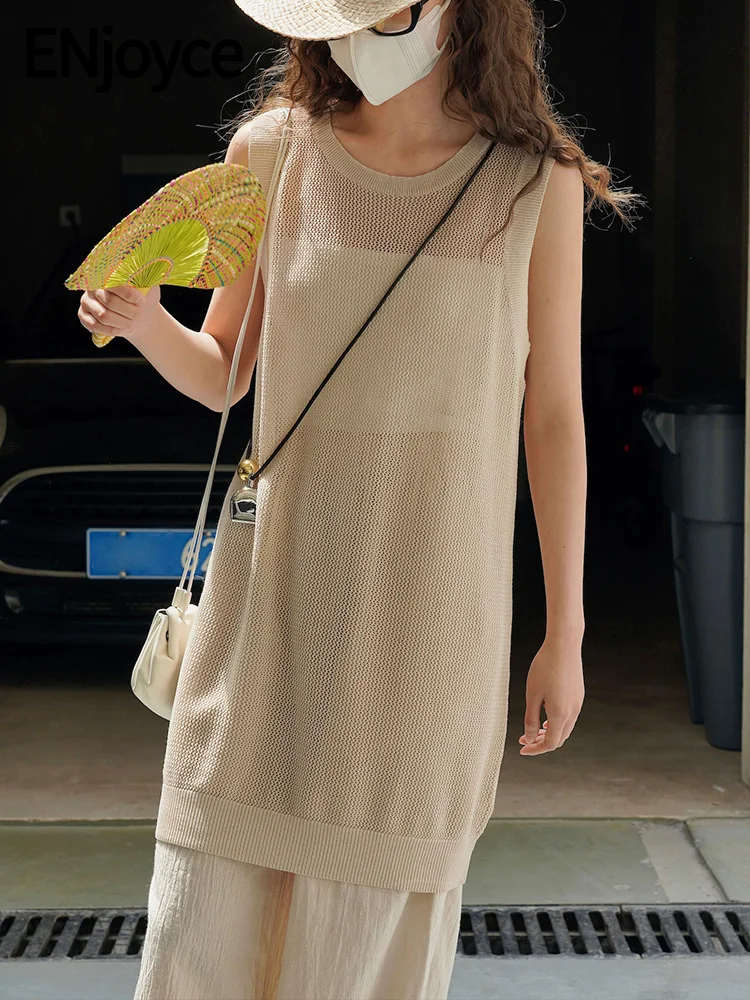 

2024 Summer Women Vintage Knitted Long Vests Female Korean Fashion Hollow Out Sleeveless T-Shirt Tank Top Streetwear