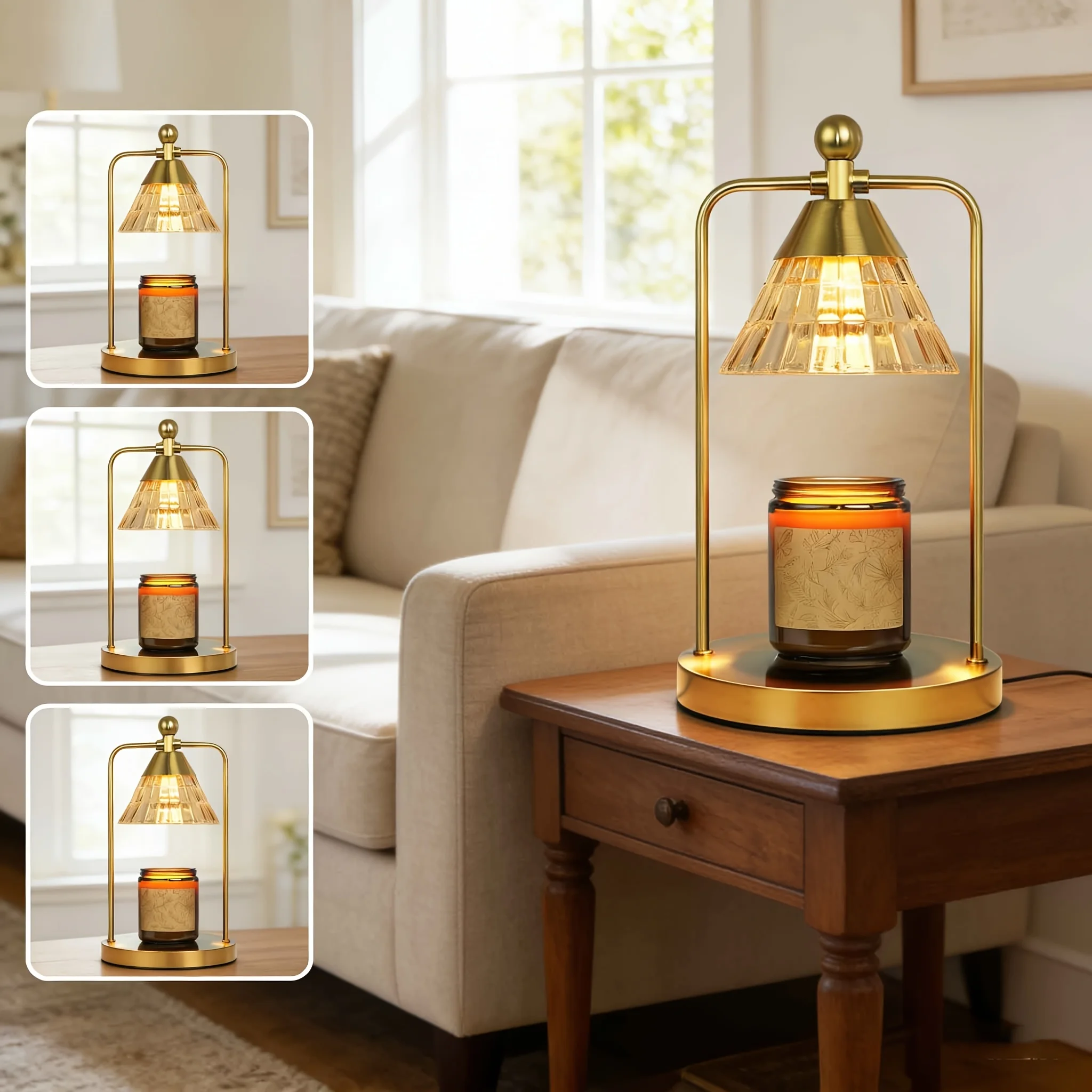 Dimmable & Timed Candle Warmer Lamp in Golden | Retro Style with Conical Glass Shade and Stable Non-Adjustable Base, Safe