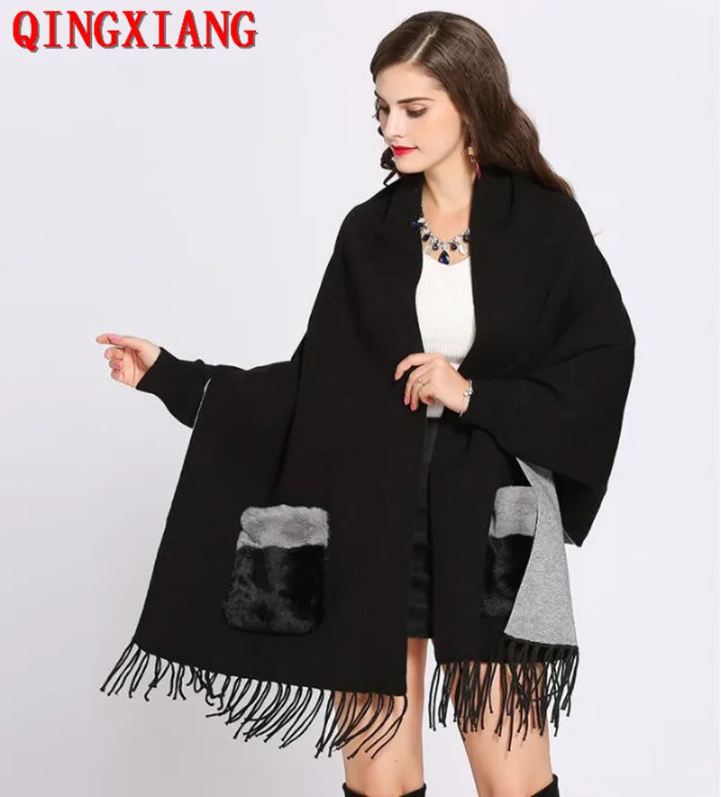 Winter Faux Cashmere Poncho Loose Streetwear Women Batwing Sleeve Shawl Capes Fur Pocket Female Oversize Tassel Knitted Cloak