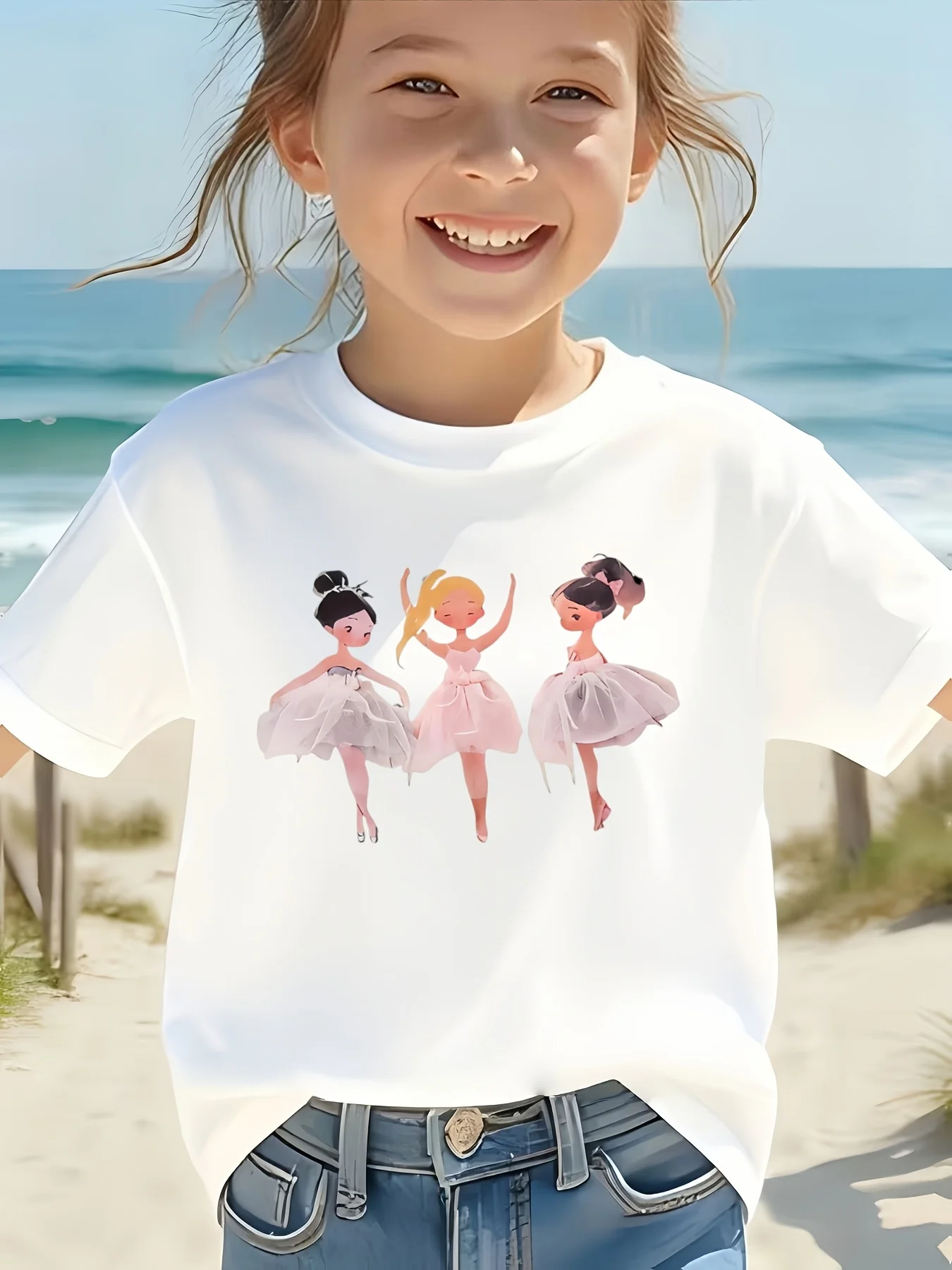 Three Cute Ballerina Girls Print T Shirt Boys Girls Ballet Dance Short Sleeve Tee Family Matching Kids Casual Cotton Tops
