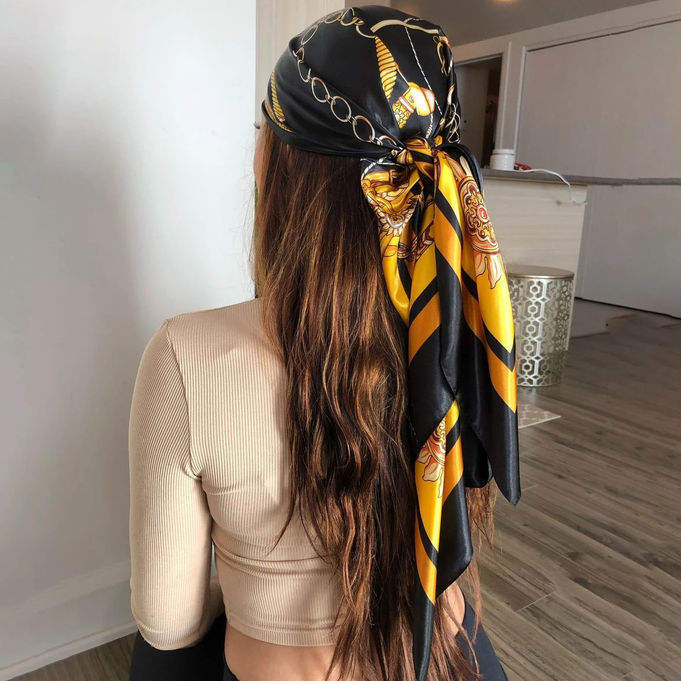 Large Hijab Scarves For Women Fashion Print Silk Satin Scarf Female 90cmx90cm Luxury Brand Square Shawls Head Scarfs For Ladies