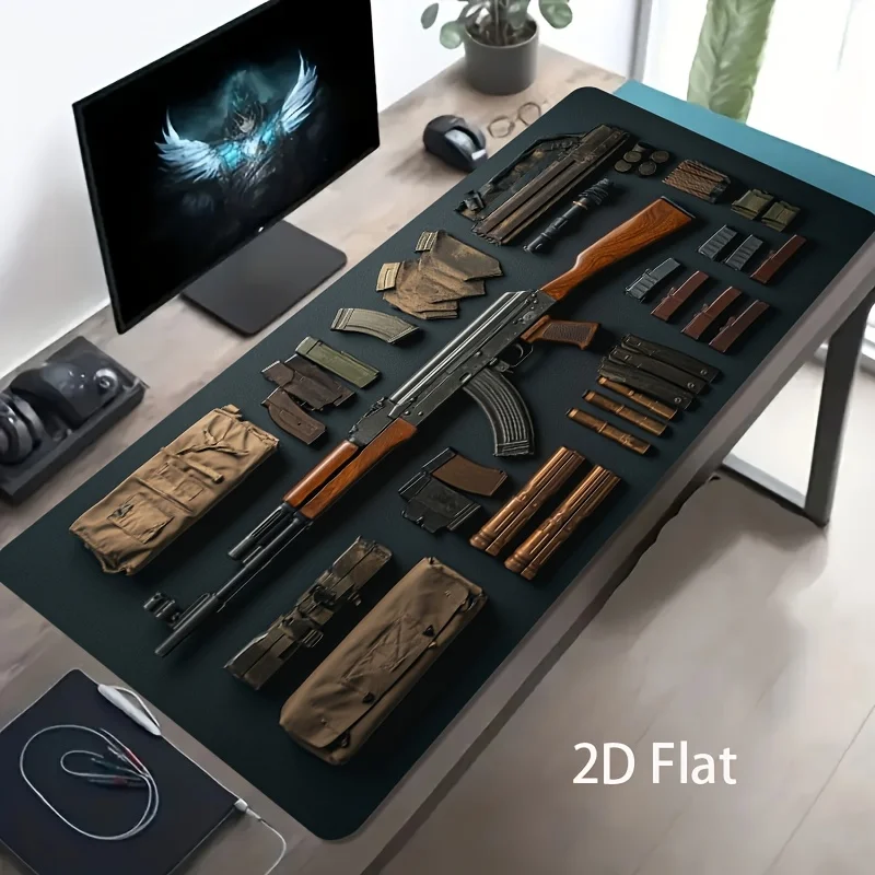 AK-47 Rifle Gear Extended Gaming Desk Mat Non-Slip Rubber Computer Mouse Pad for PC Gamers