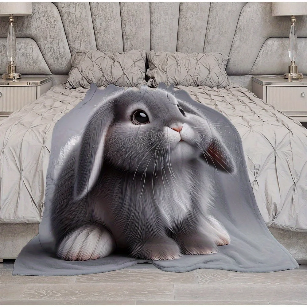 Cute floppy-eared rabbit Flannel printed blanket suitable for all seasons suitable for living room office sofa and travel