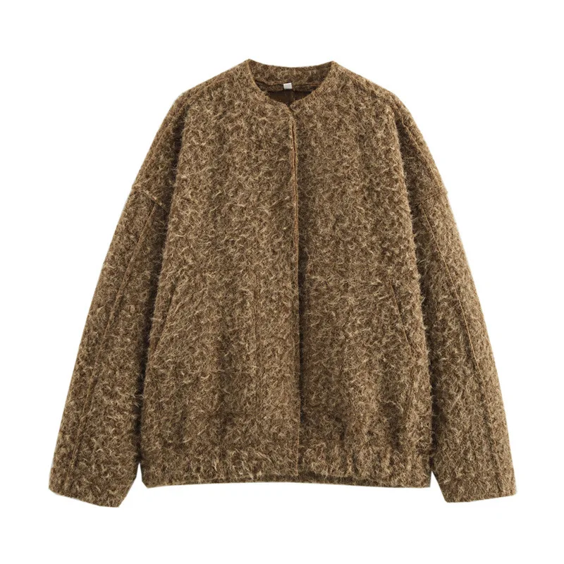 

New Women's Fashion High-End Loose Baseball Collar Frayed Wool Coat