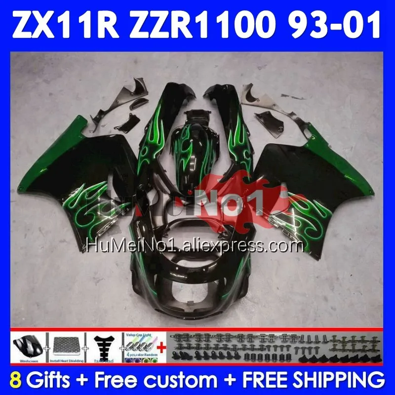 ZZR1100 For KAWASAKI NINJA ZX-11R ZX11R ZZR 1100 1993 Green flames 1994 1995 1996 224No.96 ZX 11R ZX11 R 97 98 99 00 01 Fairing