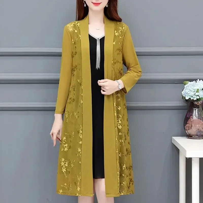 

Gauze Jacquard Weave Open Stitch Spring Summer Casual Long Sleeve Women's Clothing Stylish Spliced Straight Midi Blouse Z276