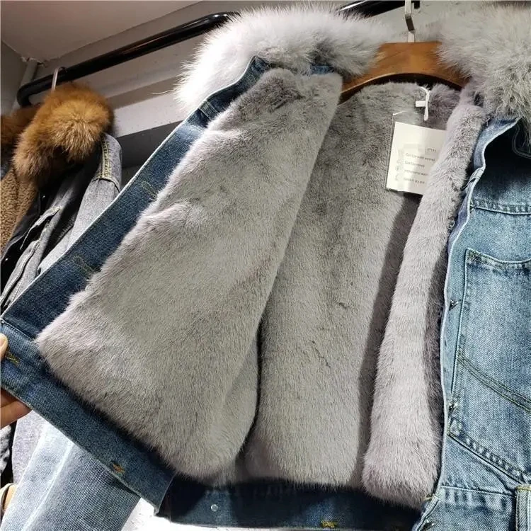 2024 New Winter Loose Plus Velvet Denim Jacket Thicken Real Fur Collar Denim Jacket Female Jacket Cotton-padded Jean Jacket