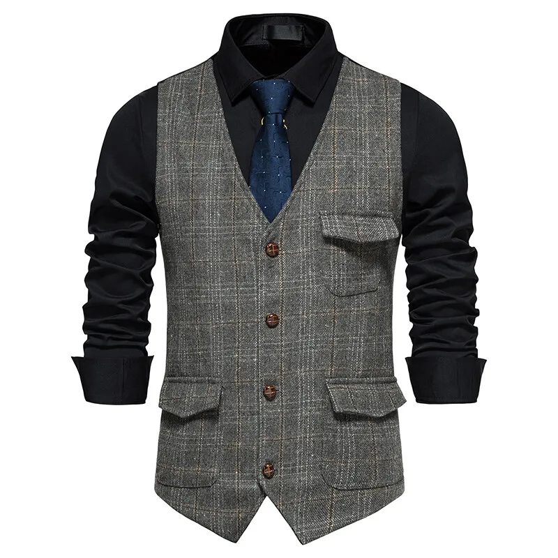 

New Plaid Suit Vest For Men Wool Tweed Casual Slim Fit Waistcoat Formal Business Vest For Groomsmen For WeddingGrey Jacket