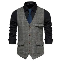 New Plaid Suit Vest For Men Wool Tweed Casual Slim Fit Waistcoat Formal Business Vest For Groomsmen For WeddingGrey Jacket