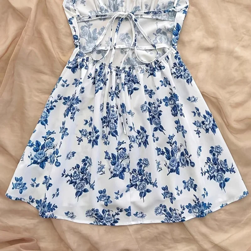 Elegant Floral Print Women's Summer Mini Dress Sexy Bohemian Backless Strap Sundress Casual Sleeveless Holiday Short Dresses