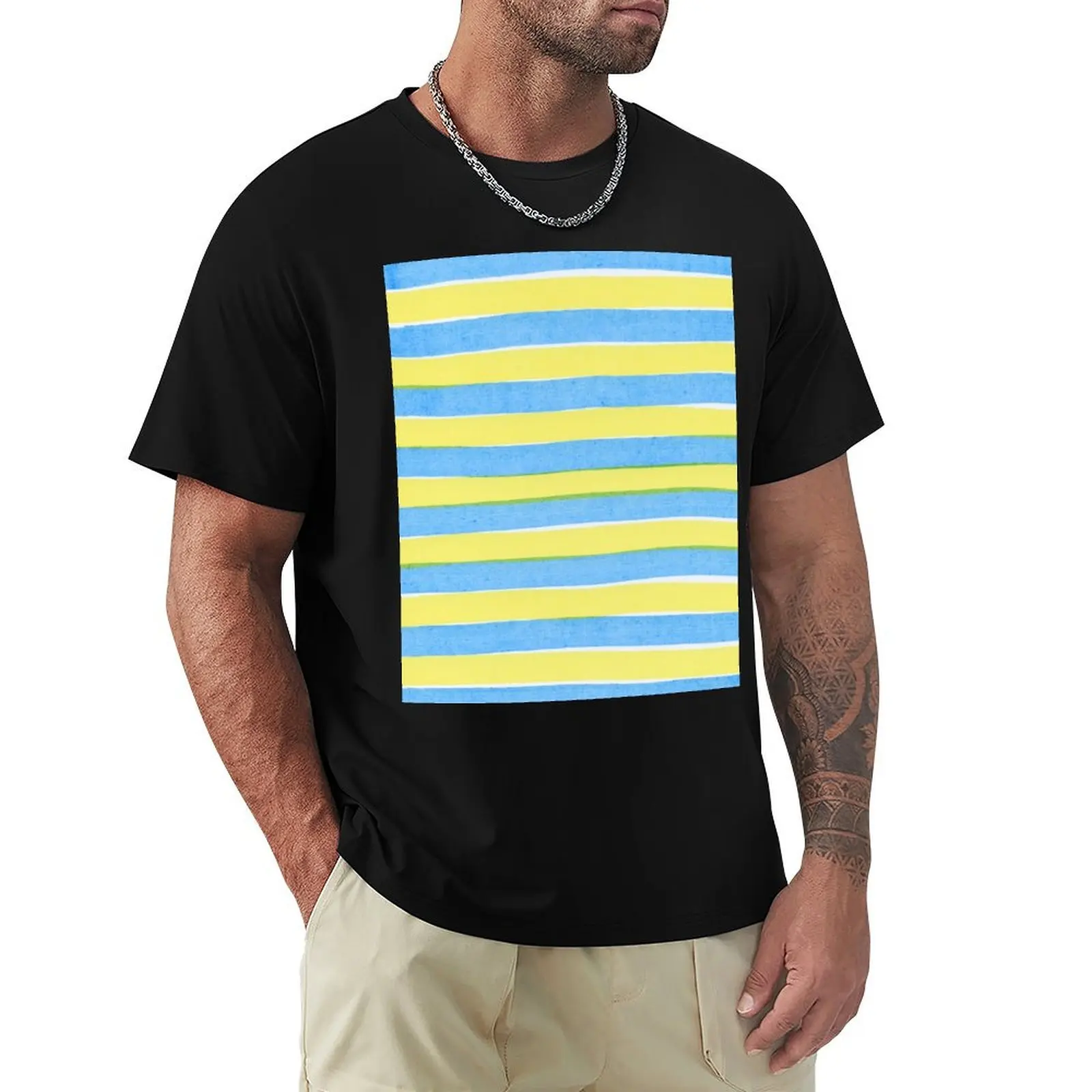 Horizontal yellow and blue striped pattern, stripes T-Shirt Classic Graphic Short Sleeve Top
