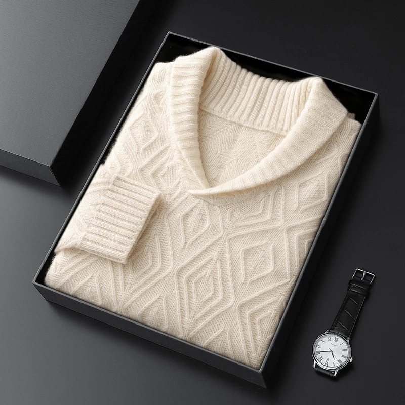 

CHICUU Luxury Men's 100% Cashmere Sweater Shawl Collar Pullover Autumn Winter Rhombus Classical Style Thick Cashmere Knitwear