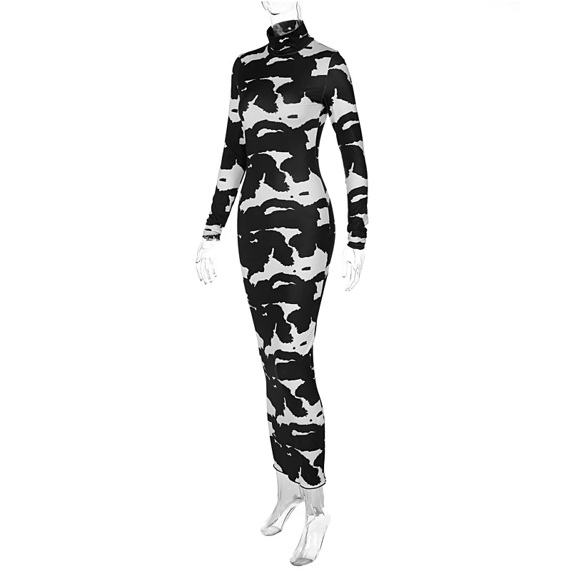 Damesmode Herfst Lange Mouw Print Bodycon Potlood Lange Jurk Streetwear 2024 Herfst Kleding Groothandel Artikelen