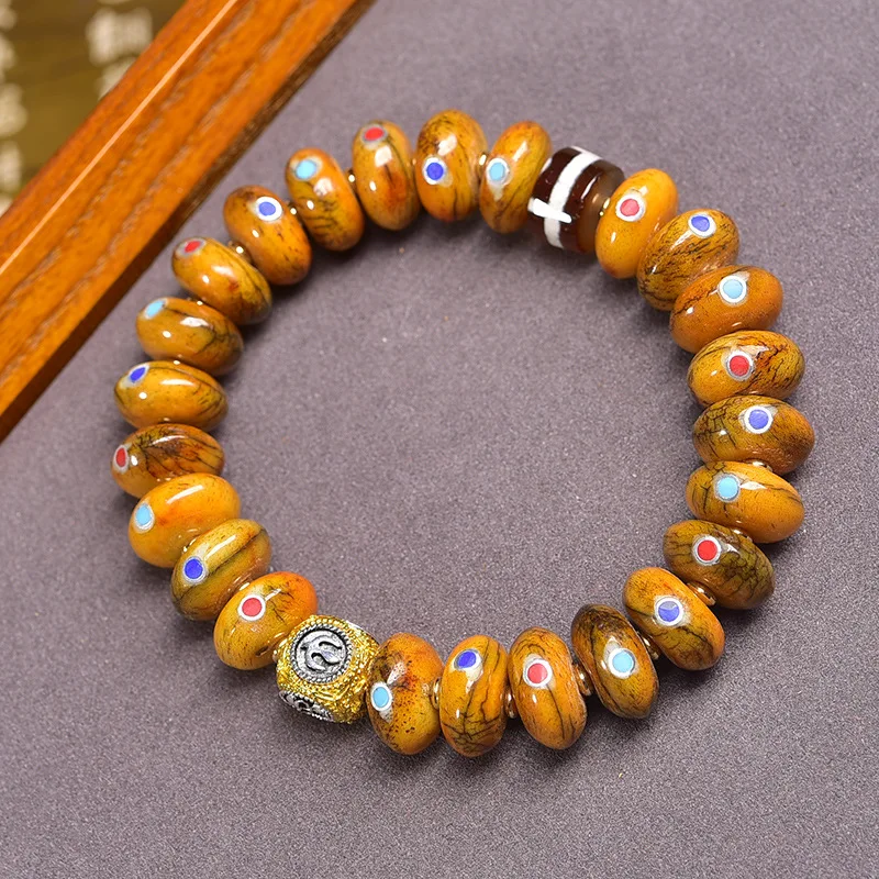 Duobao حلقة واحدة مطعمة اللوحي الخرز العظام سوار الرجال والنساء