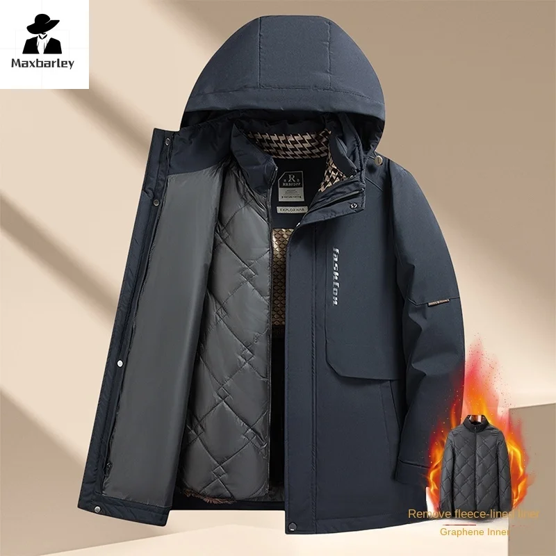 Jaqueta de inverno masculina moda grossa quente 3 em 1 forro de grafeno destacável para baixo casaco de algodão masculino negócios com capuz parka impermeável