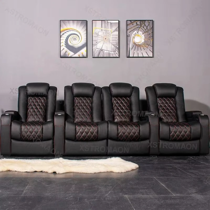Italian Leather Sofa for Home Cinema Comfortable Theatre Seat with Wireless Charger and LED Lights Electric Recliner Chair