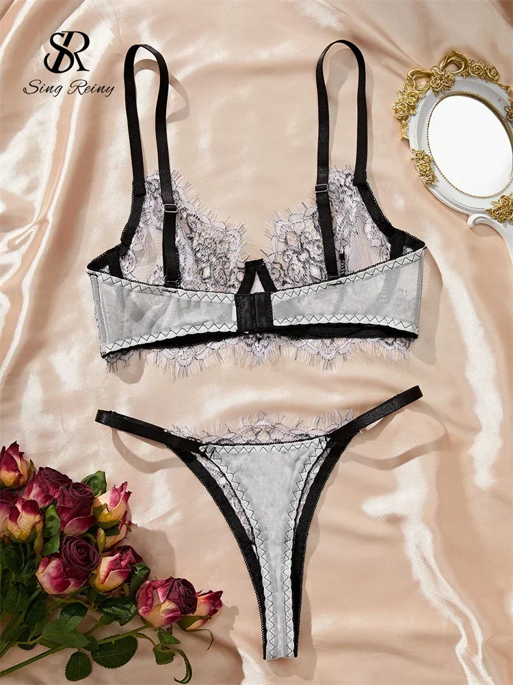 SINGREINY Women French Sheer Porno Lace Underwear Sets Embroidery Spliced Sheath Sleepwear Fashion Ladies Erotic Lingerie Suits