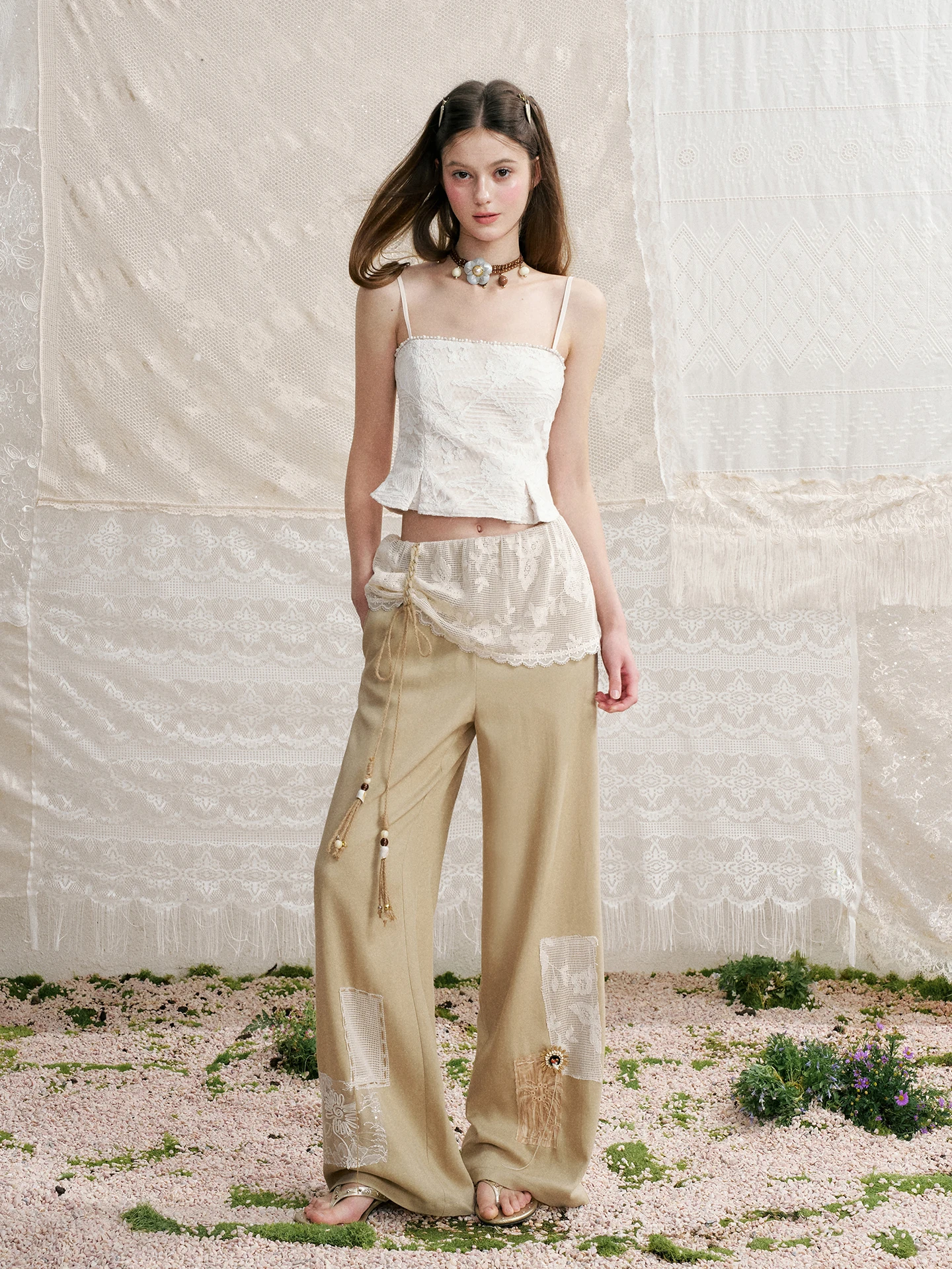 Street Style 2026 New Women's Casual Pants Mixed Fiber  Wide Leg Patchwork Lace Trim Comfortable Leisure Trousers