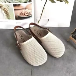 Women's Slippers Summer New Flat Round Head Knitted Baotou Half Drag Casual Comfortable Non-slip Breathable Sandals