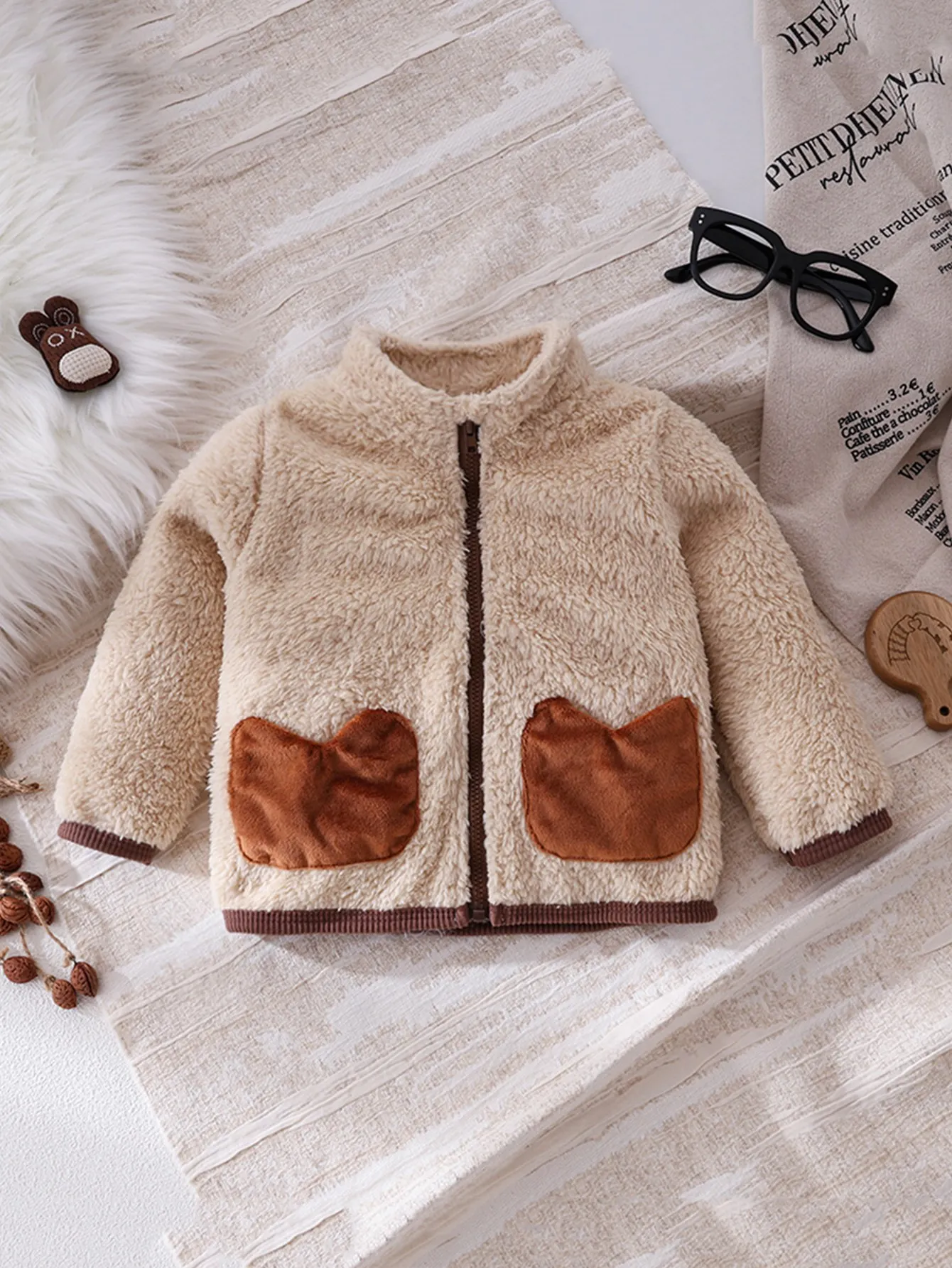 Children's Autumn Winter Plush Jacket | Brown And White Color Block Stand Collar Soft Material + Cute Pockets Warmth And Aesthet