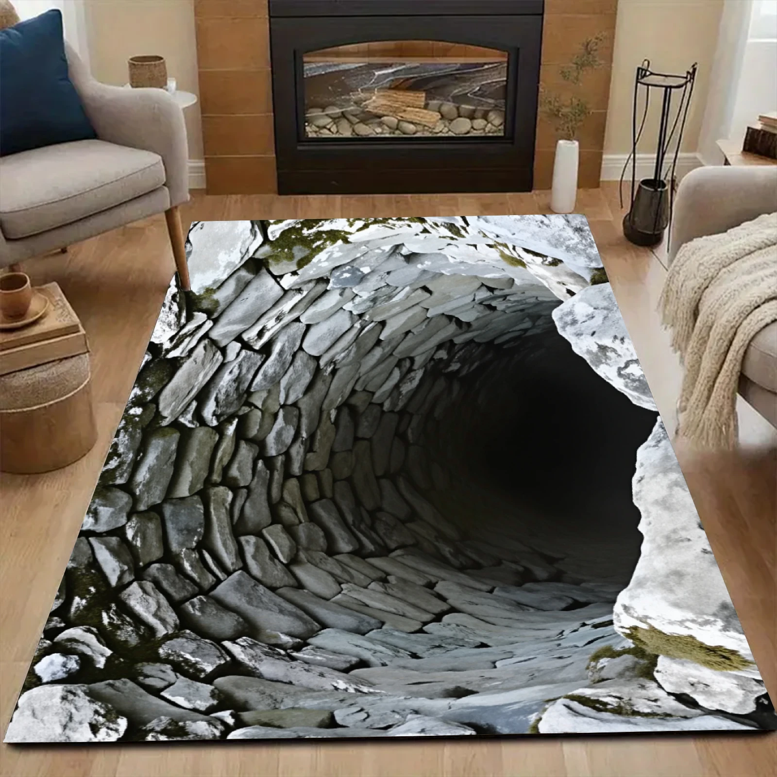Tapis d'illusion 3D Ins, tapis de sol réaliste en forme de grotte, lavable, antidérapant, tapis d'illusion optique unique pour le salon, tapis populaire