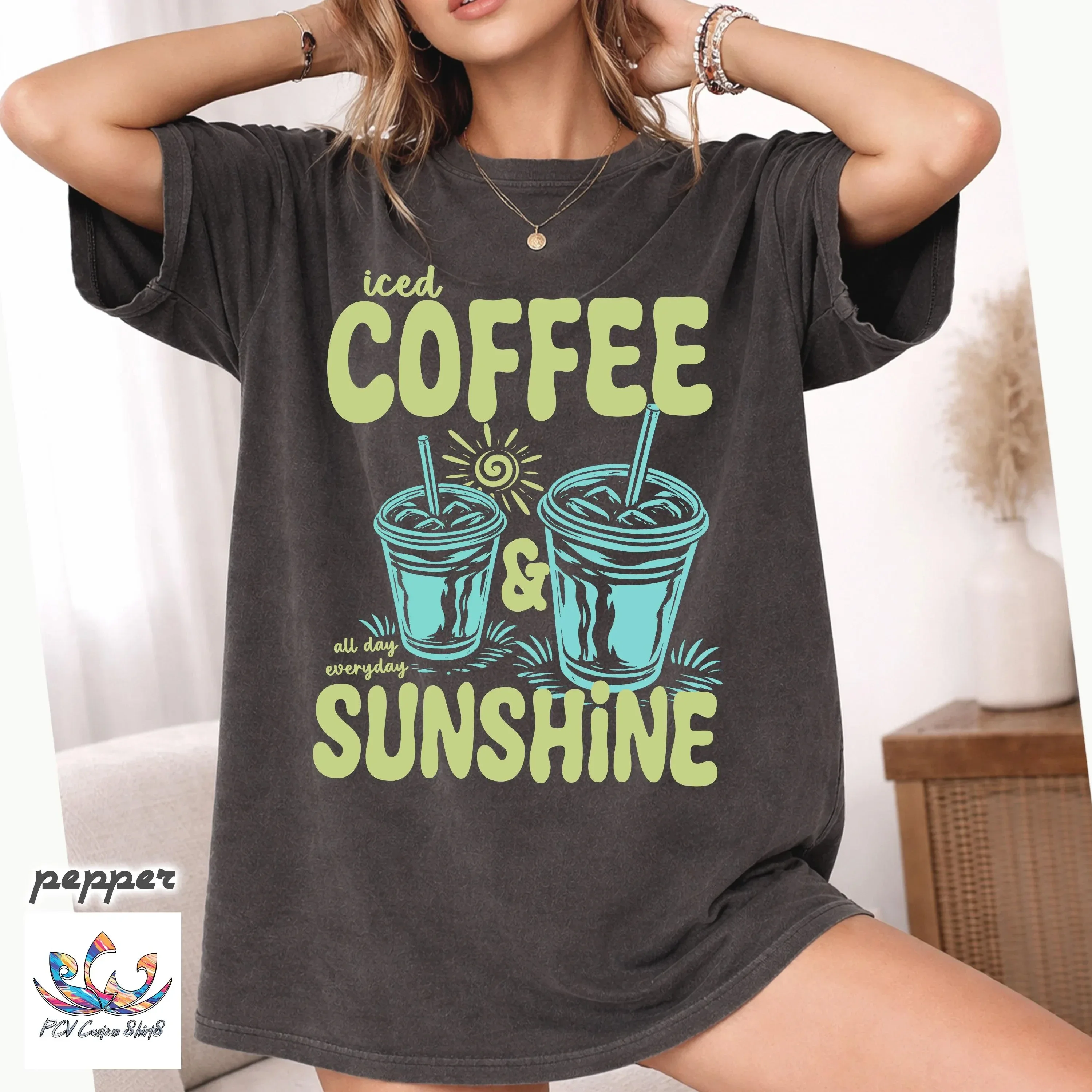 

Plus Size Summer Women's Retro Iced Coffee and Sunshine Print T-Shirt Cotton Breathable Stylish Versatile Street Style Oversized